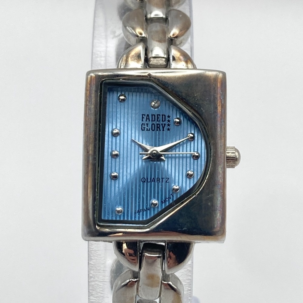 Faded Glory Half Moon Women's Watch 19mm Silver Tone Blue Dial New Battery 6.25"